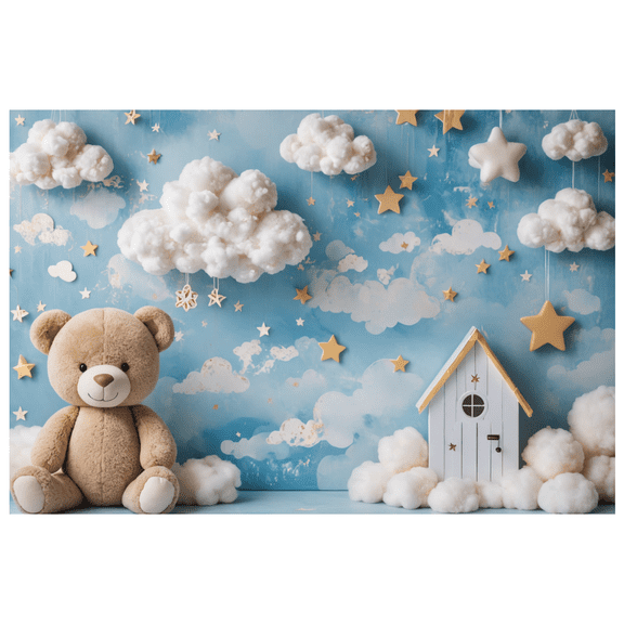LUUFILx Blue Sky Clouds Stars Themed Backdrop Banner, Adorable Teddy Bear and House Elements