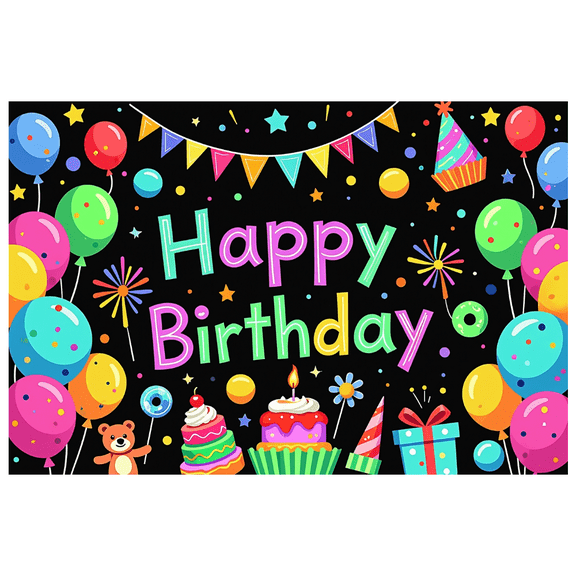 LUUFILx Colorful Birthday Themed Banner with Balloons Cupcakes and Stars Happy Birthday Party Decoration Backdrop Photography Props