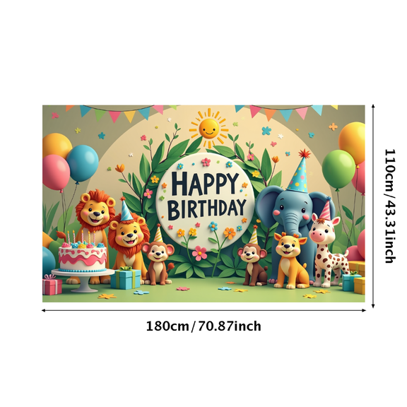 LUUFILx Cute Animal Themed Happy Birthday Backdrop Banner Party Supplies with Cartoon Animals Flowers Balloons Photography Props for Birthday Party Decorations