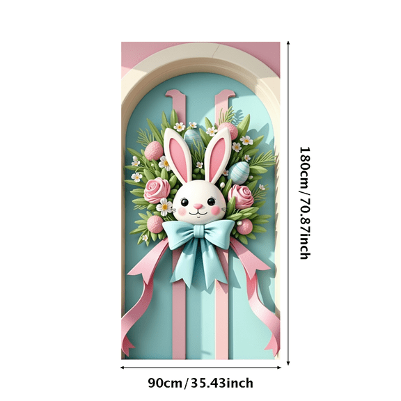 LUUFILx Easter Bunny Door Decor with Floral Wreath Backdrop Spring Background Pastel Colors Display Home Party Decoration Vibrant Outdoor Banner Scenery
