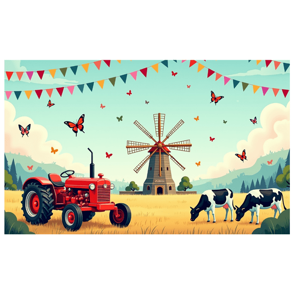 LUUFILx Farm Landscape Backdrop Banner with Tractor and Windmill for Party Decor Countryside Photography Props Baby Shower Events Rustic Theme Background
