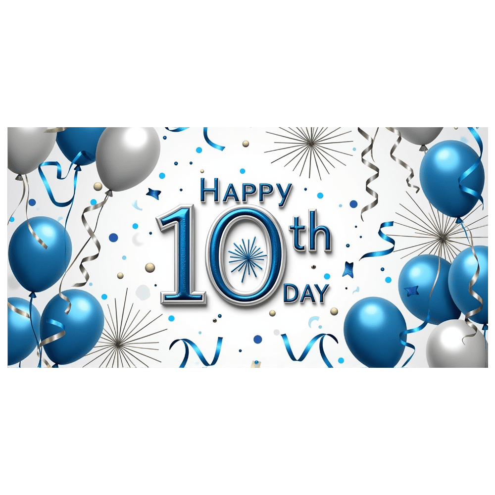 Happy 10th Birthday Türbanner & Veranda Schild – Blau-Silber – 2,1 X 0,4 M + 1,9 X 0,9 M – Wasserfestes Polyester – Inkl. Aufhängeschnüre