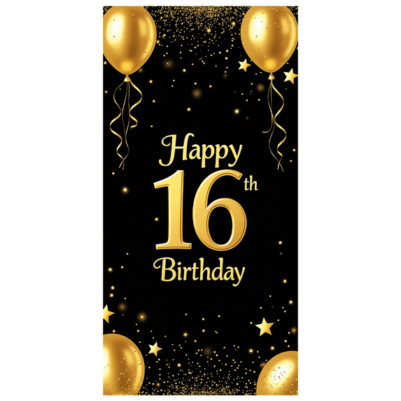 LUUFILx Happy 16th Birthday Backdrop Banner Gold Black Decorations Birthday Party Supplies Balloon Stars Photo Prop Background Photography