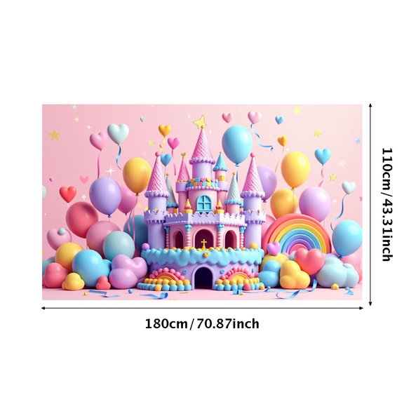 LUUFILx Magical Castle Birthday Party Backdrop with Rainbow Balloons and Heart Decorations for Photography Props and Kids Celebration Background Festive Decorations