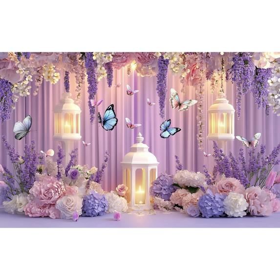 LUUFILx Purple Butterfly Floral Photography Background Polyester DIY Party Decoration Banner Suitable for Brides' Baptism Birthday Party