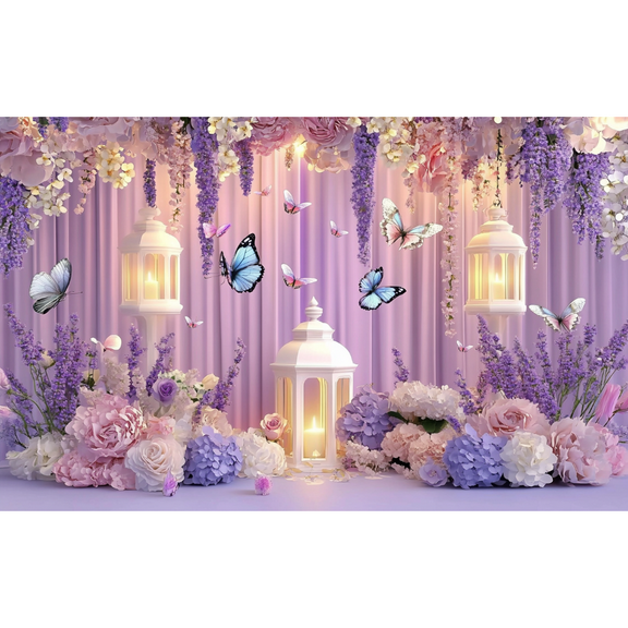 LUUFILx Purple Butterfly Floral Photography Background Polyester DIY Party Decoration Banner Suitable for Brides' Baptism Birthday Party