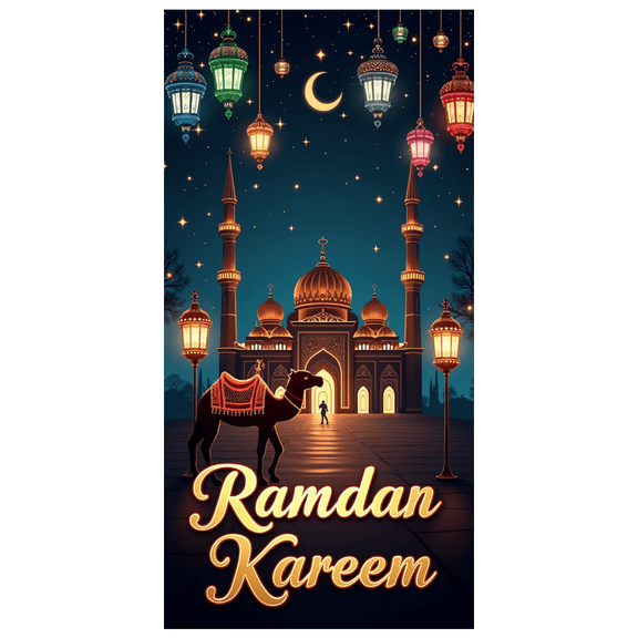 LUUFILx Ramadan Kareem Banner Decor Moon Lantern Backdrop Camel Mosque Starry Night Islamic Festival Celebration Decoration Party Eid Mubarak Ambiance