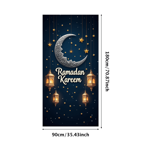 LUUFILx Ramadan Kareem Banner Moon Lanterns Hanging Starry Night Backdrop Islamic Celebration Party Prop Eid Decoration Religious Event Supplies Background