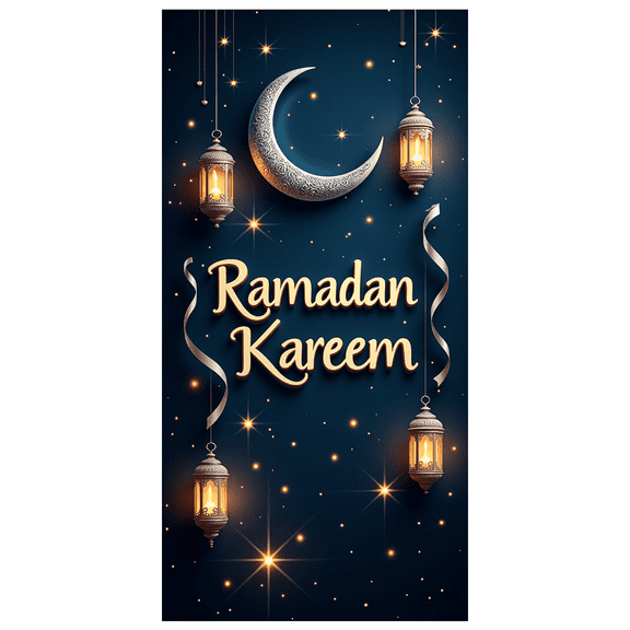 LUUFILx Ramadan Kareem Banner Moon Lanterns Hanging Starry Night Backdrop Islamic Celebration Party Prop Eid Decoration Religious Event Supplies Background
