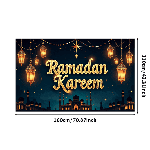 LUUFILx Ramadan Kareem Banner Moon Lanterns Hanging Starry Night Backdrop Islamic Celebration Party Prop Eid Decoration Religious Event Supplies Background
