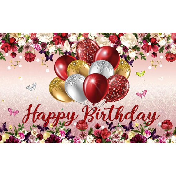 LUUFILx Red Gold Floral Happy Birthday Party Backdrop Girls Women's Birthday Photography Background with Flowers Butterflies Birthday Decoration Sign Banner