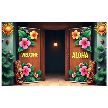 LUUFILx Tropical Hawaiian Welcome Banner Tiki Mask Backdrop Aloha Party Decoration Summer Festive Event Luau Background Colorful Floral Beach Vibes