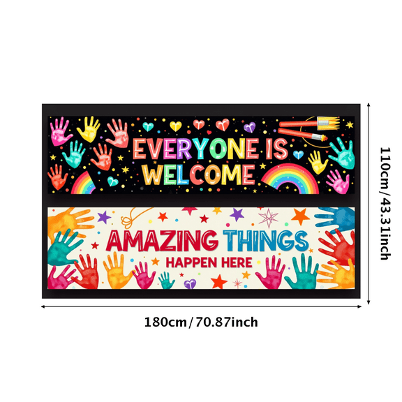 LUUFILx Vibrant Welcome Banner Handprint Design Everyone is Welcome Amazing Things Happen Here Backdrop Party Event Classroom Decoration Colorful Wall Poster Display