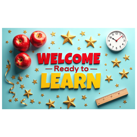 LUUFILx Welcome to Learn Banner Classroom Decor School Decoration Backdrop Stars Apples Clock Ruler Backdrop Learning Environment Classroom Essentials