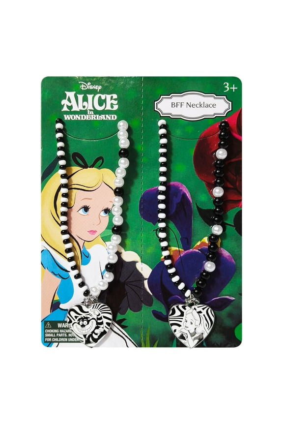 Disney Alice in Wonderland BFF Necklace Set – Heart Charms Featuring Alice & Cheshire Cat – Beaded Friendship Necklace with lobster claw clasp attached to an extension chain, Ages 3+