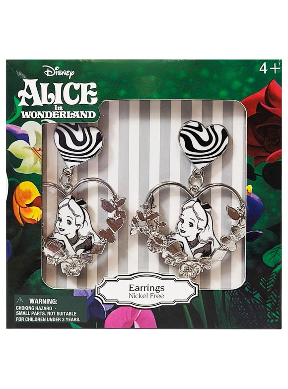 Disney Alice in Wonderland Nickel-Free Earrings Heart-Shaped Floral Charm Dangle Earrings for Girls Featuring Alice and Wonderland Inspired Design Hypoallergenic Jewelry for Ages 4+