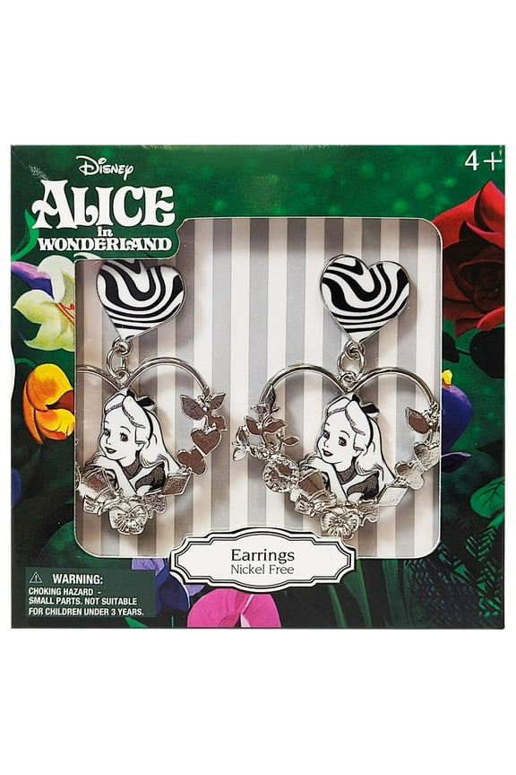 Disney Alice in Wonderland Nickel-Free Earrings – Heart-Shaped Floral Charm Dangle Earrings for Girls – Featuring Alice and Wonderland Inspired Design – Hypoallergenic Jewelry for Ages 4+