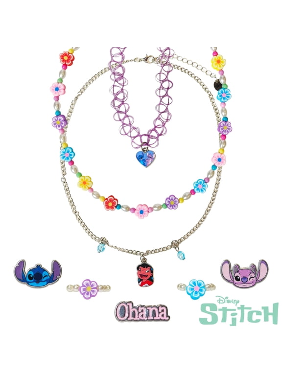 Disney Lilo and Stitch Colorful Jewelry 8 pieces Set for Girls, Official Licensed- Necklaces and Metal Charm Rings - Birthday and Party Favor - Ages 3+