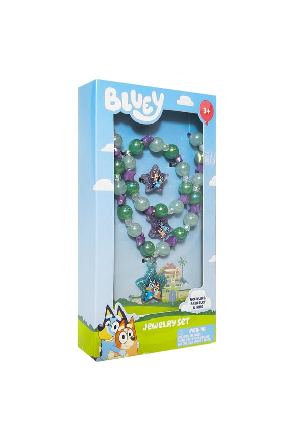 Bluey Girl's Jewelry Set - Dress up 3 Piece Toy Jewelry Box Set with Bead Necklace, Bracelet and Ring - Play Accessories - Ages 3+