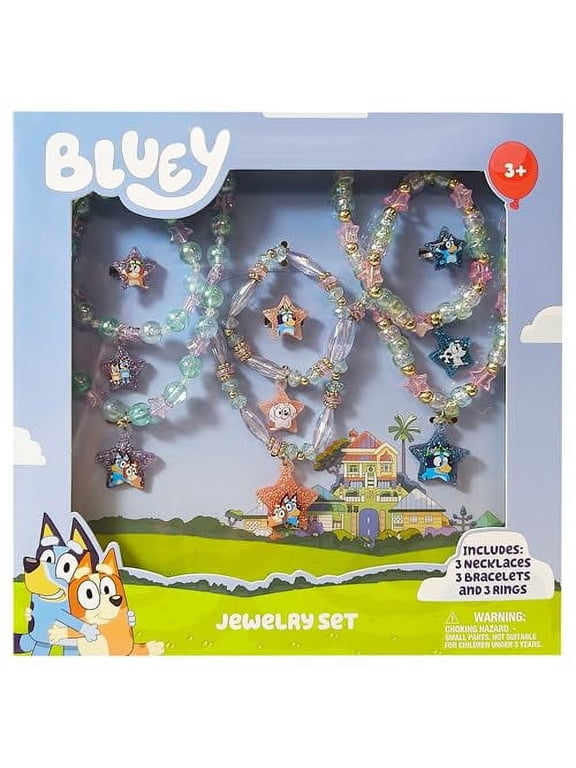 Bluey Girl's Jewelry Set - Dress up 9 Piece Toy Jewelry Box Set with Bead Necklace, Bracelet and Ring - Play Accessories - Ages 3+