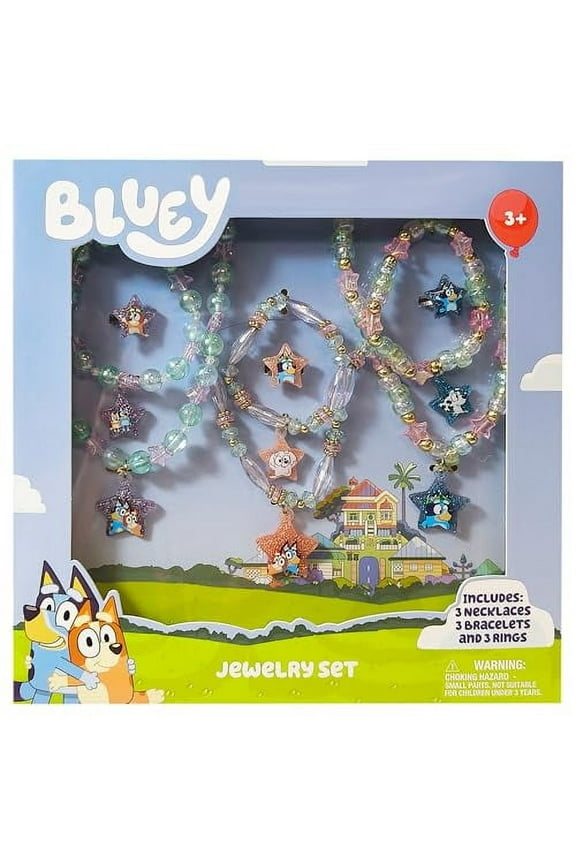 Bluey Girl's Jewelry Set - Dress up 9 Piece Toy Jewelry Box Set with Bead Necklace, Bracelet and Ring - Play Accessories - Ages 3+