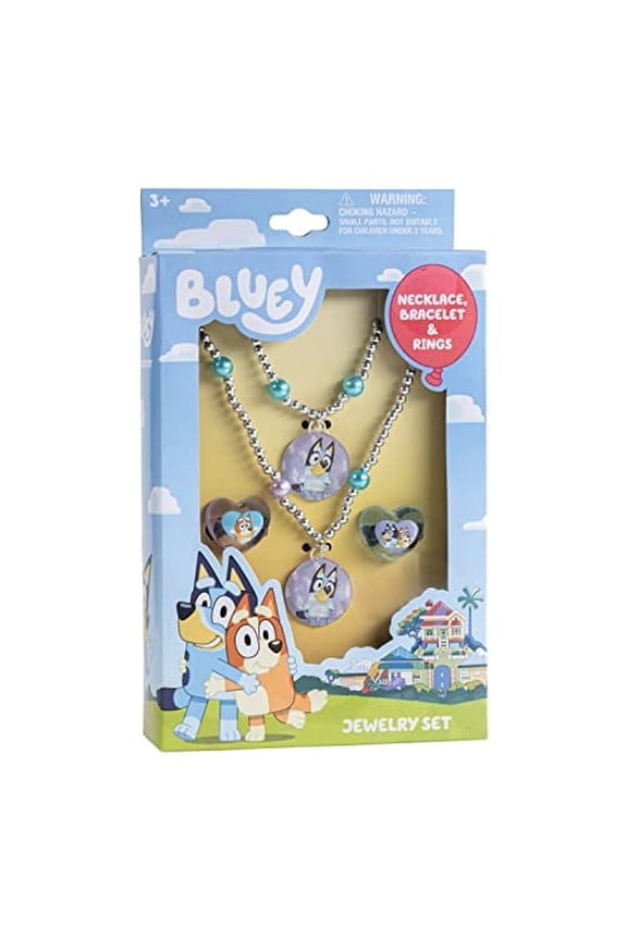Bluey Girls 4-Piece Toy Jewelry Box Set with Bead Necklace, Bracelet, and Rings for Girls