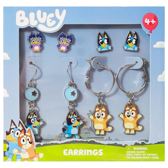 LUV HER Bluey Hypoallergenic Earrings for Girls Ages 4+ - Safe Stud & Fishhook Styles - Jewelry Gift for Sensitive Ears & Cartoon Lovers, Four Pairs