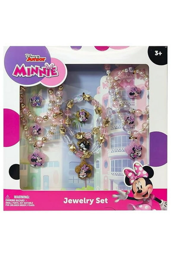 Disney Minnie Girl's Jewelry Set - Dress up 9 Piece Toy Jewelry Box Set with Bead Necklace, Bracelet and Ring - Play Accessories - Ages 3+