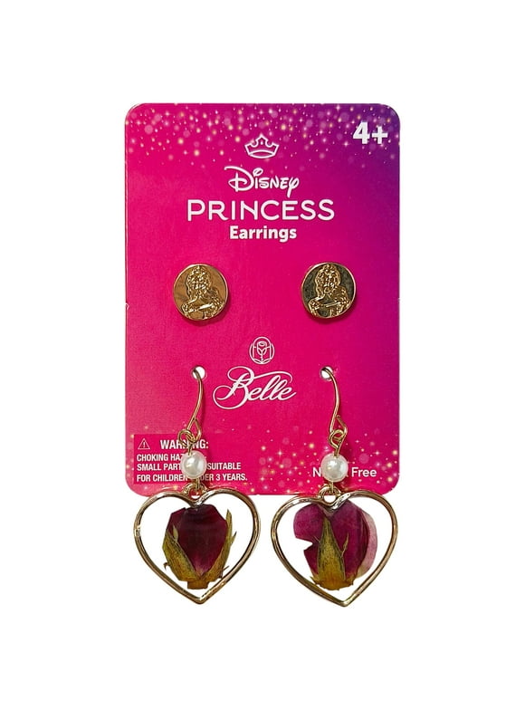 Disney Princess Belle Earrings Set for Girls – Heart-Shaped Drop Earrings with Pearl Accent & Belle Studs – Nickel-Free, Ages 4+