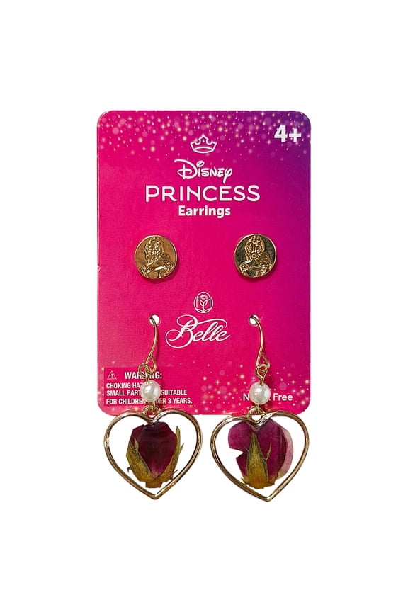 Disney Princess Belle Earrings Set for Girls Heart-Shaped Drop Earrings with Pearl Accent & Belle Studs Nickel-Free, Ages 4+