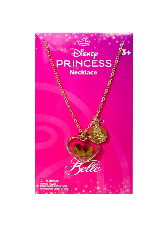 Disney Princess Belle Heart Pendant Necklace with Enclosed Rose Petal & Gold Charm for Girls, Ages 3+ - Elegant Jewelry Gift Set