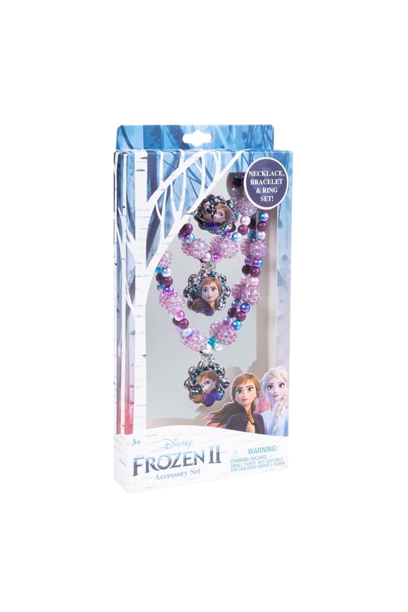 Frozen 2 Girls 3 Piece Princess Toy Jewelry Box Set with Purple Bead Necklace, Bracelet and Ring - Play Accessories - Ages 3+