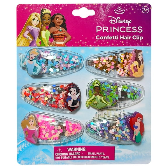 LUV HER Licensed Hair Accessories For Girls, 6pc Cute Hair Clips with Favorite Disney Princess Character Charms, Magical Confetti Hair Clips, Ages 3+