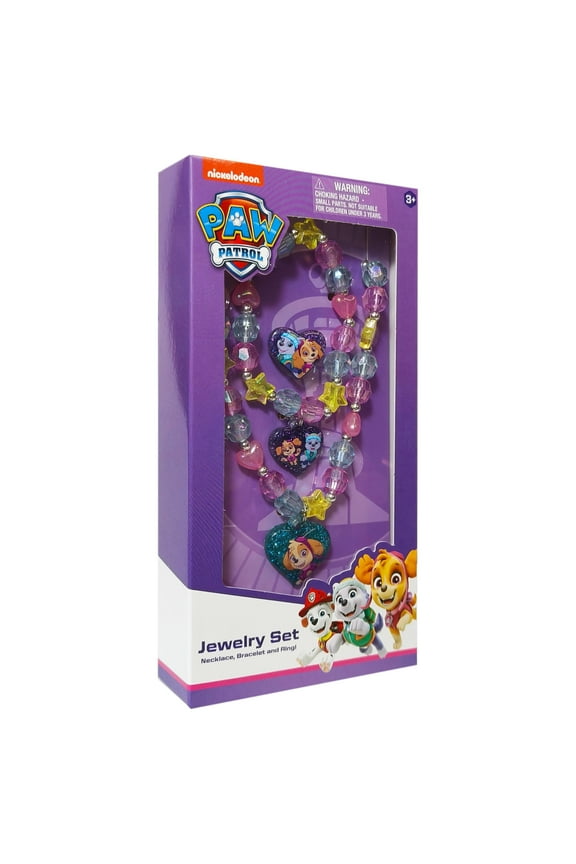Paw Patrol Girl's Jewelry Set - Dress up 3 Piece Toy Jewelry Box Set with Bead Necklace, Bracelet and Ring - Play Accessories - Ages 3+