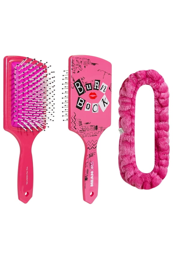 Kids Hair Brush & Spa Headband Set for Girls - Features Mean Girls - Fun Grooming Kit for Detangling, Styling & Skincare - Soft & Stretchy One Size