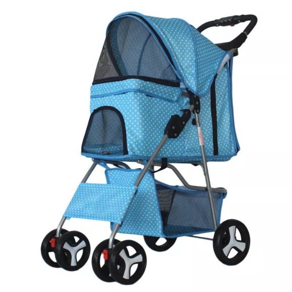 LUVCMFT 4-Wheeled Pet Stroller with Storage Basket and Cup Holder, Blue White