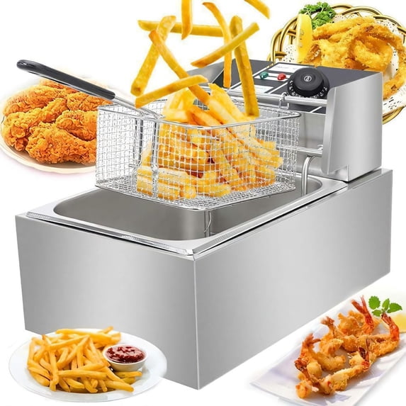 LUVCMFT Commercial Deep Fryer, 1750W 6.3QT/6L Capacity Electric Deep Fryer with Baskets & Lids, Single Tank Frying Machine