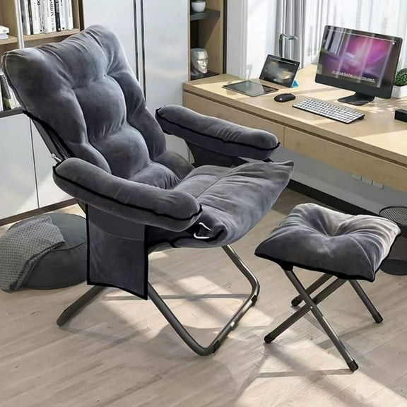 LUVCMFT Lazy Chair with Ottoman, Modern Folding Lounge Reclining Armchair with Footstool, Reading Sofa Chair with Armrests and Side Pocket for Bedroom/Office/Living Room, Grey