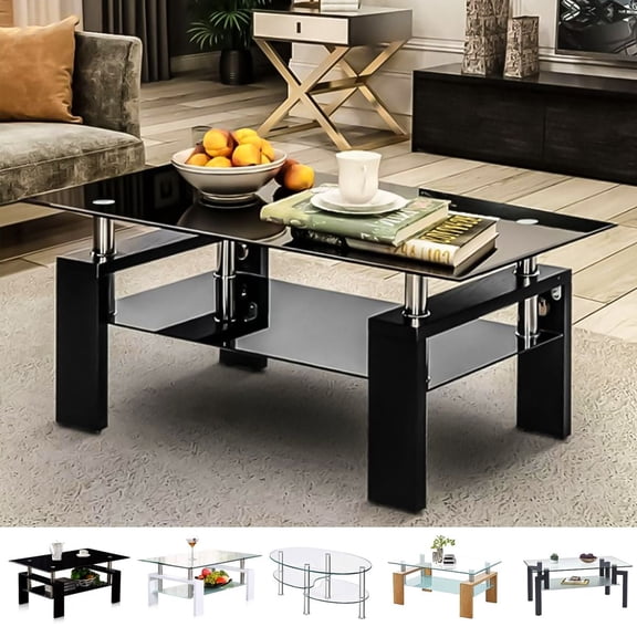 LUVCMFT Living Room Rectangle Glass Coffee Table with Tempered Glass Top and Open Shelf, Black