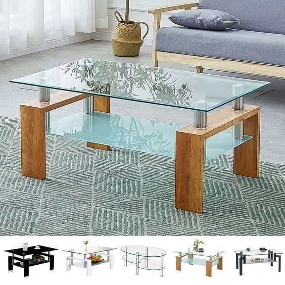 LUVCMFT Living Room Rectangle Glass Coffee Table, Center Table with Tempered Glass Top & Open Shelf, 2-Tier Tea Table Waiting Area Table for Home, Office, Reception Room, Style B