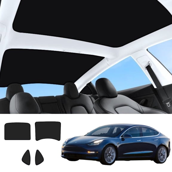 LUVCMFT Tesla Model 3 Sunshades for Glass Roof, 2 in 1 Foldable Ice Crystal Sunshade for Sunroof Cover Sun Protection Heat Insulation Roof Sunshade with Triangular Sunshades, Black