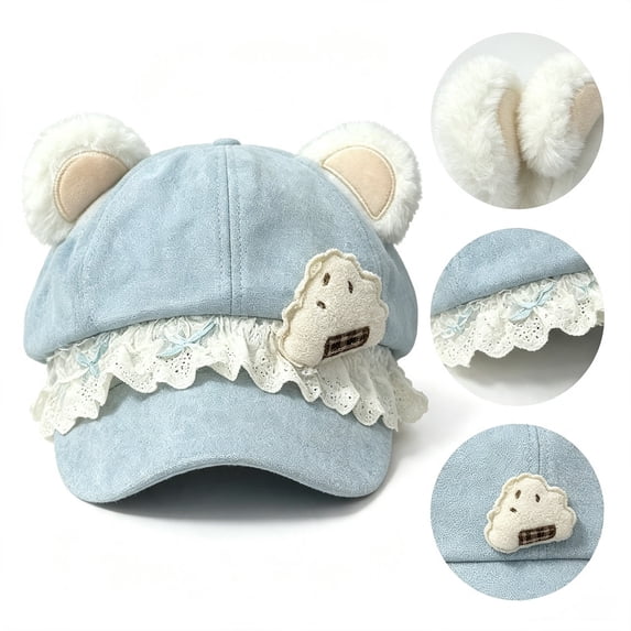 LUVDA Bear Ear Beret Style Newsboy Cap for Women with Lace Border and Cute Embroidery