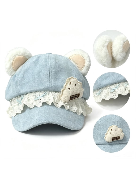 Bear Ear Beret Style Newsboy Cap for Women with Lace Border and Cute Embroidery