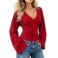 thumbnail image 1 of LUVDA Bell Sleeve Tops for Women V Neck Ruched Long Sleeve Slim Fit Flare Cuff Casual Fall Jersey T-Shirt Blouse, 1 of 8