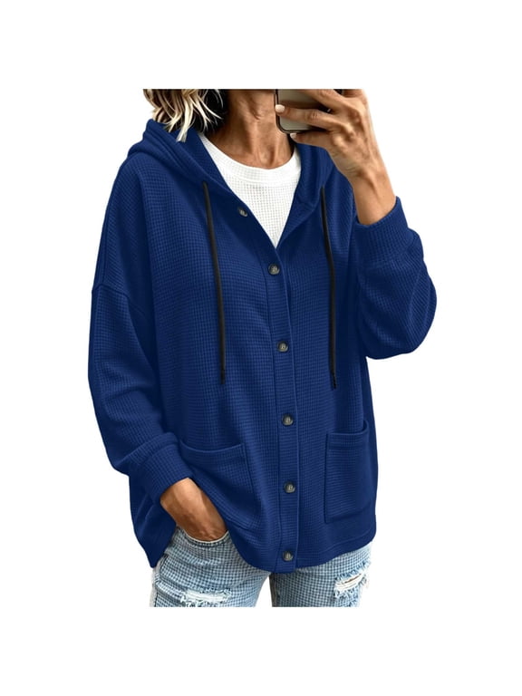 Button Down Waffle Hoodie for Women Loose Fit Drawstring Patch Pocket Long Cardigan