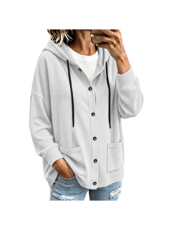 Button Down Waffle Hoodie for Women Loose Fit Drawstring Patch Pocket Long Cardigan