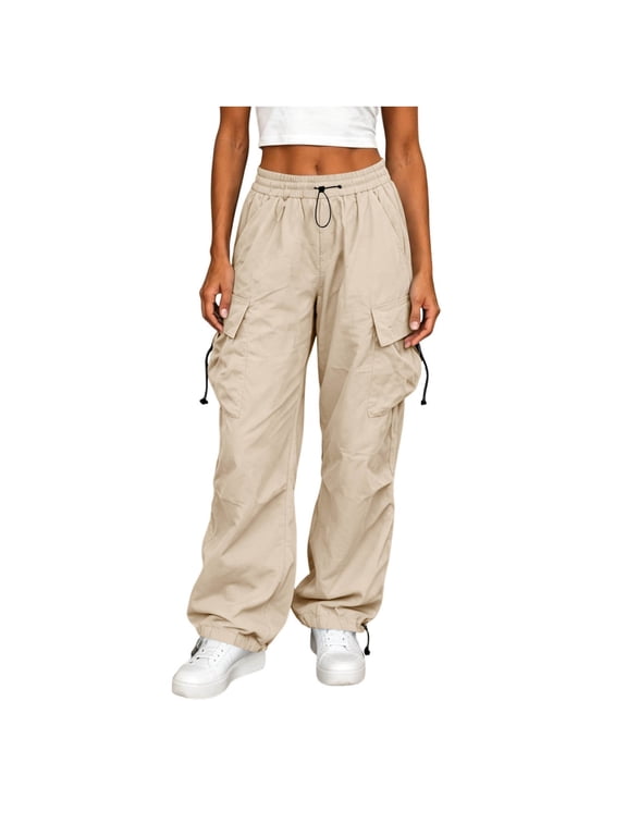 Cargo Pants for Women High Waist Drawstring Wide Leg Joggers with Pockets and Adjustable Cuffs