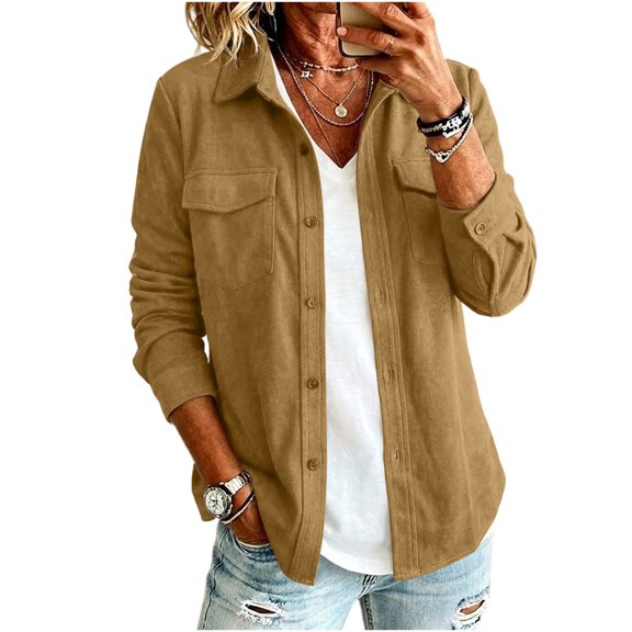 LUVDA Faux Suede Button Down Shirt for Women Long Sleeve Collared Blouse with Dual Chest Pockets Casual Fall Top