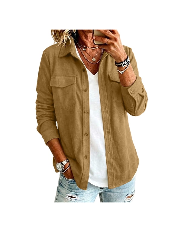 Faux Suede Button Down Shirt for Women Long Sleeve Collared Blouse with Dual Chest Pockets Casual Fall Top