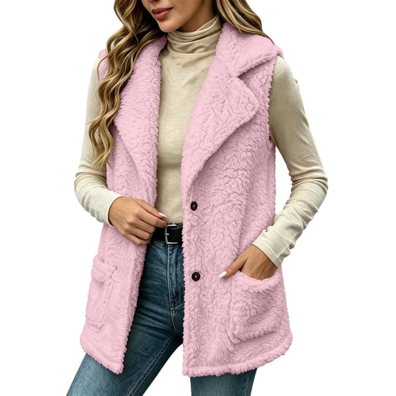 LUVDA Fleece Lapel Vest for Women - Button Up Sleeveless Warm Jacket with Pockets for Casual Outdoor Fall Winter Layering